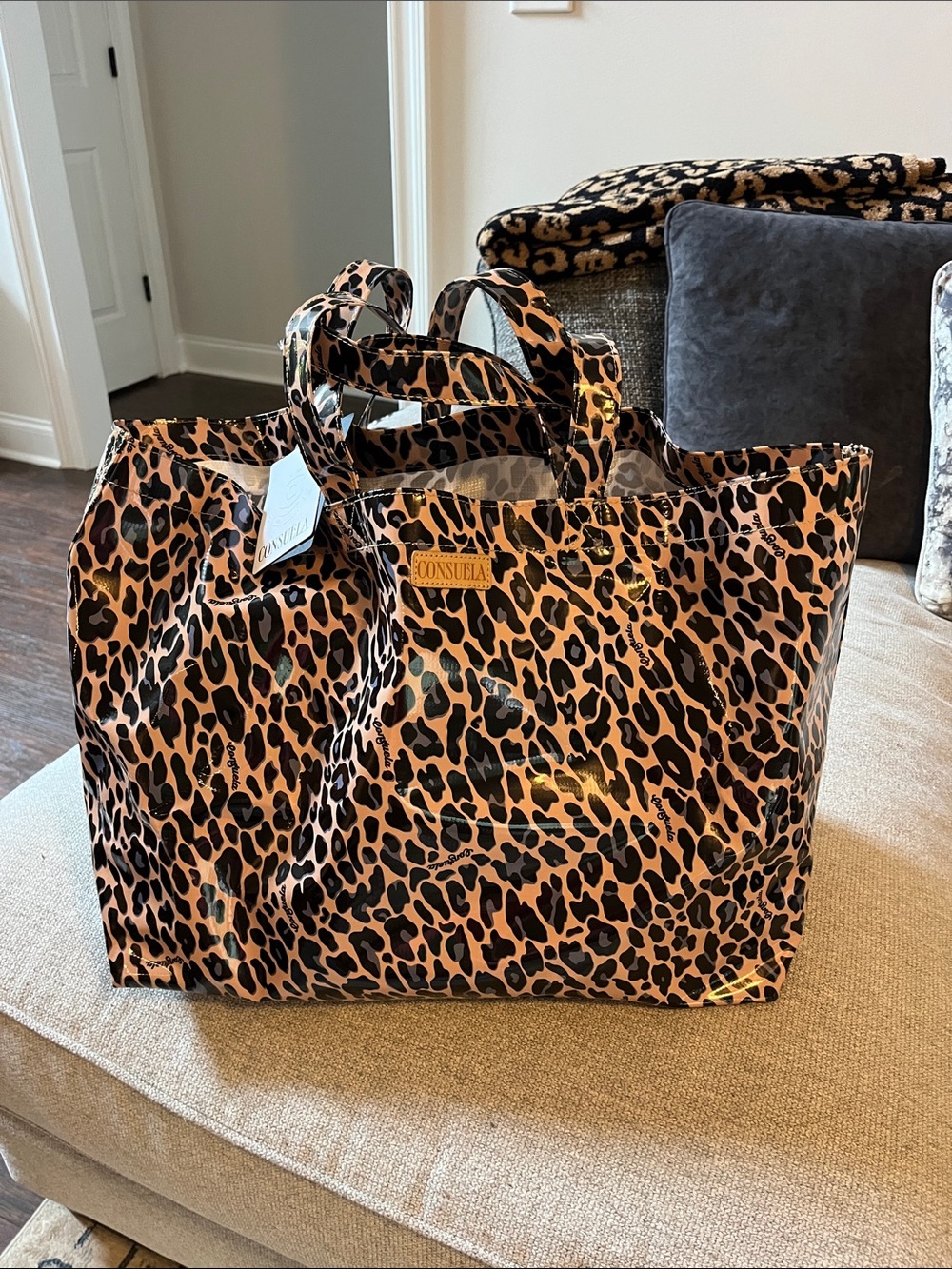 Consuela Leopard-Print Patent Tote in Brown & Black